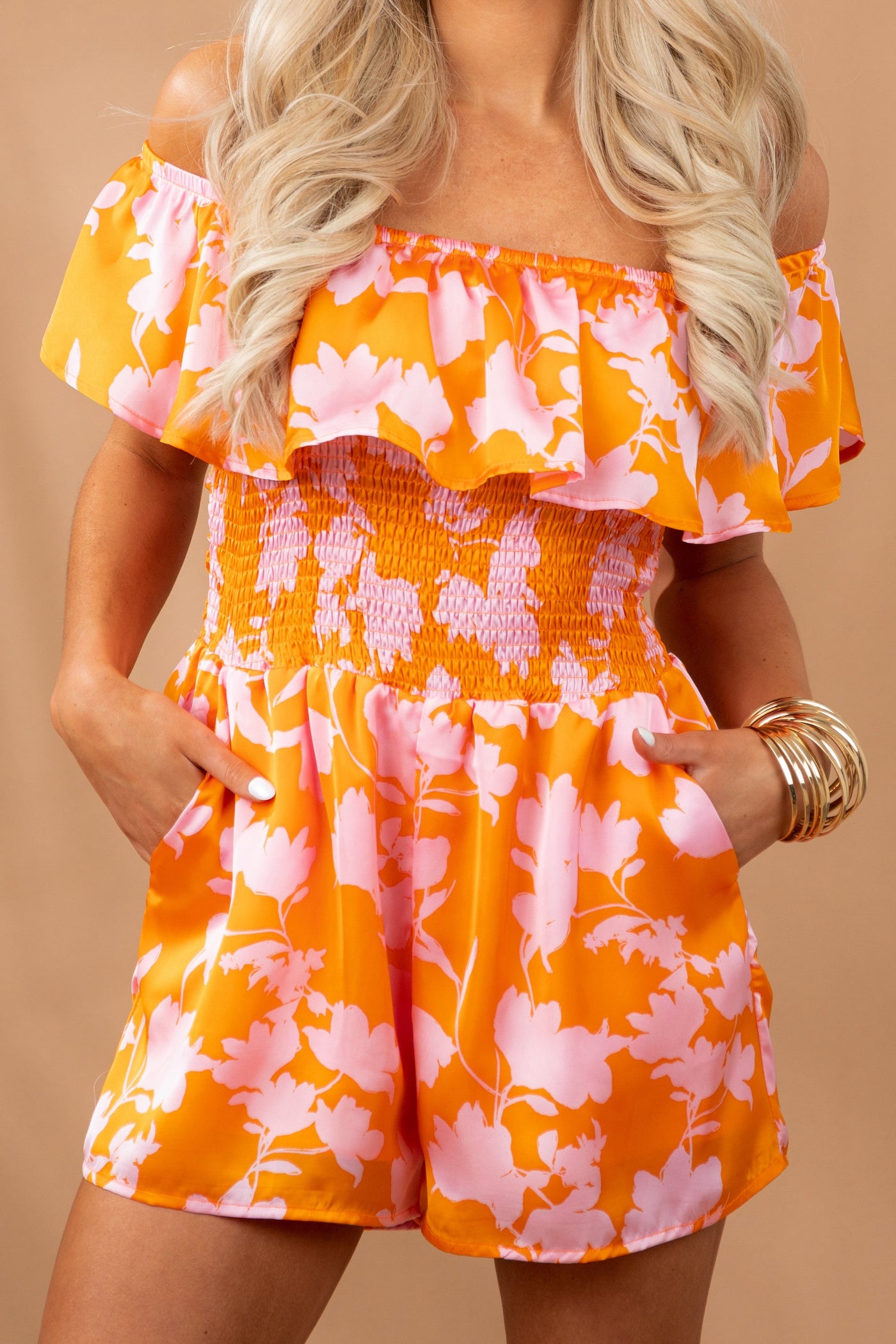 Sunset Floral Off Shoulder Smocked Satin Romper