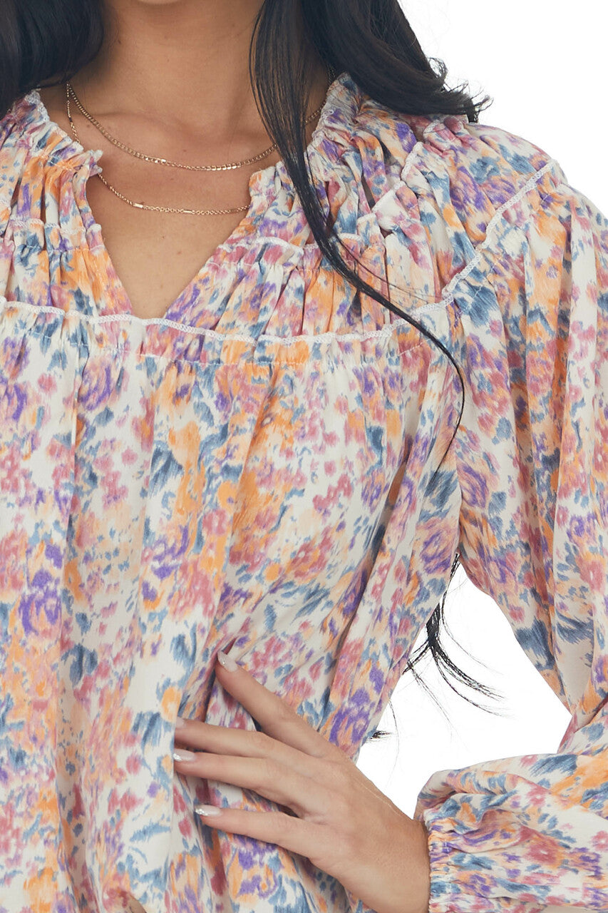 Sunset Floral Print Bubble Sleeve Blouse