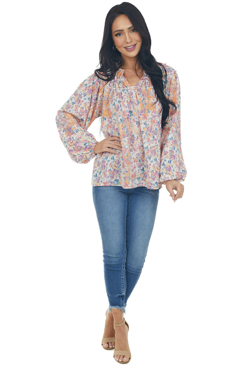 Sunset Floral Print Bubble Sleeve Blouse