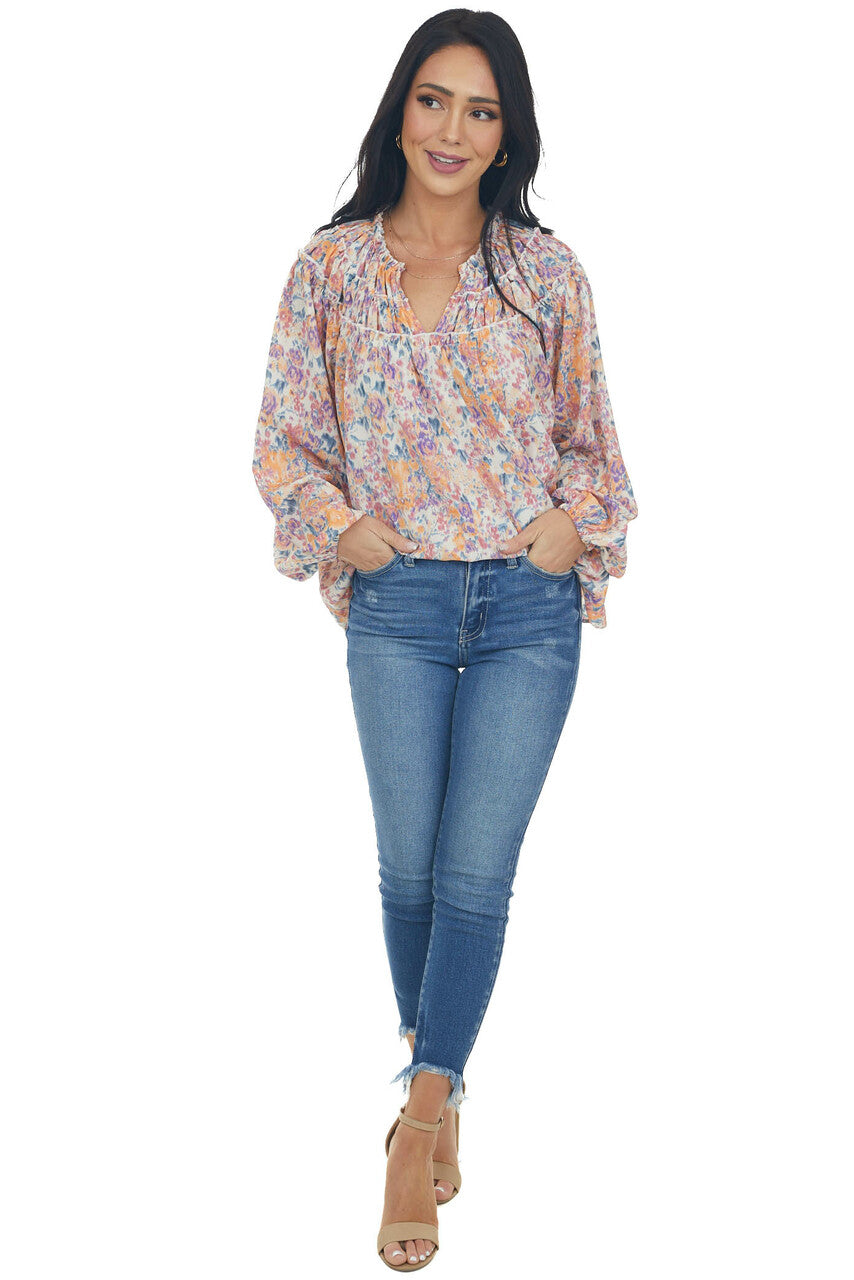Sunset Floral Print Bubble Sleeve Blouse