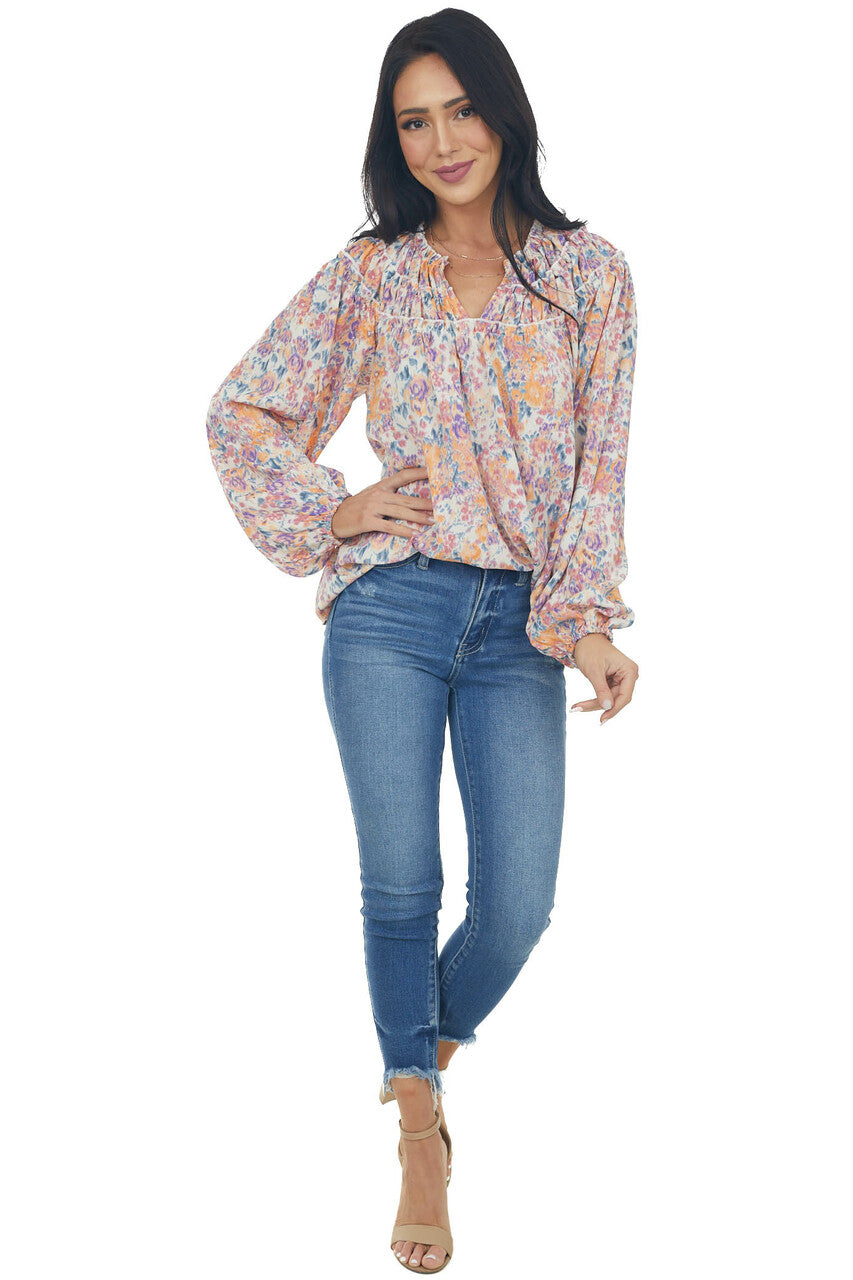 Sunset Floral Print Bubble Sleeve Blouse