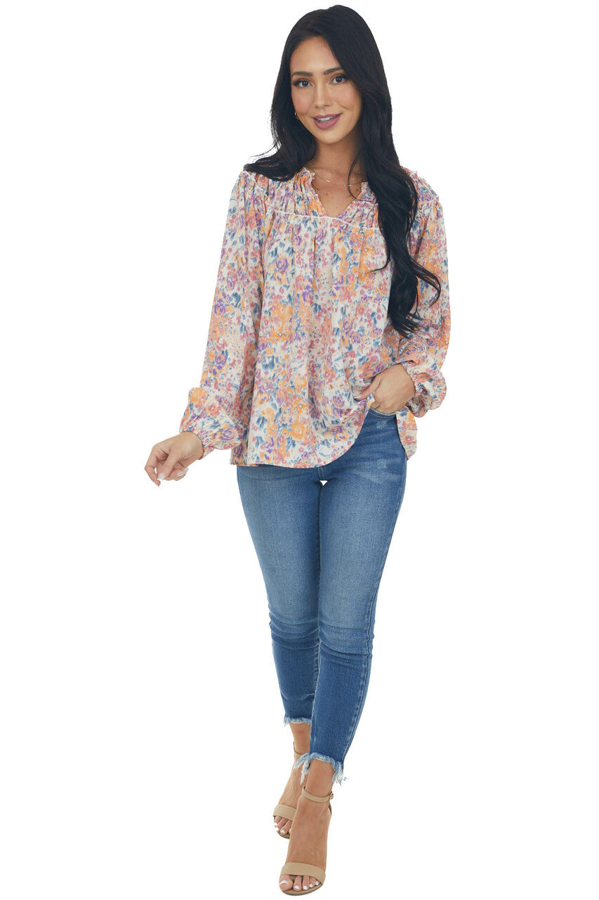 Sunset Floral Print Bubble Sleeve Blouse