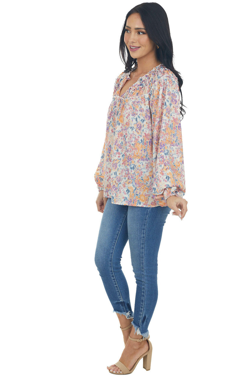 Sunset Floral Print Bubble Sleeve Blouse