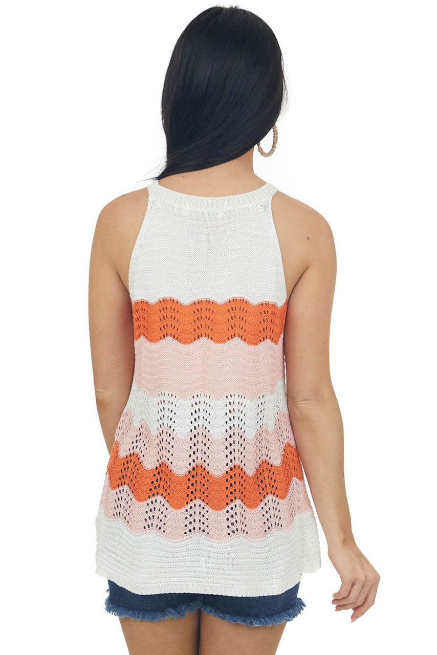 Sunset Scalloped Striped Knit Halter Tank Top 