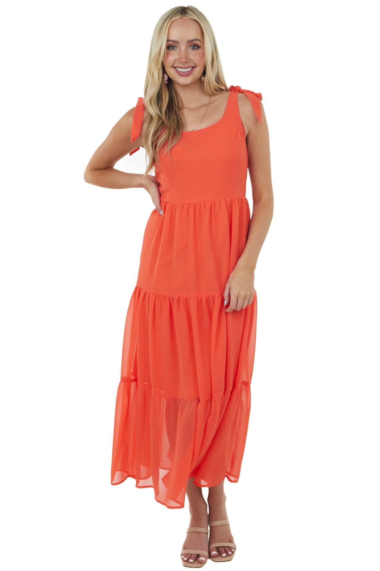 Sunset Sleeveless Shoulder Tie Tiered Maxi Dress