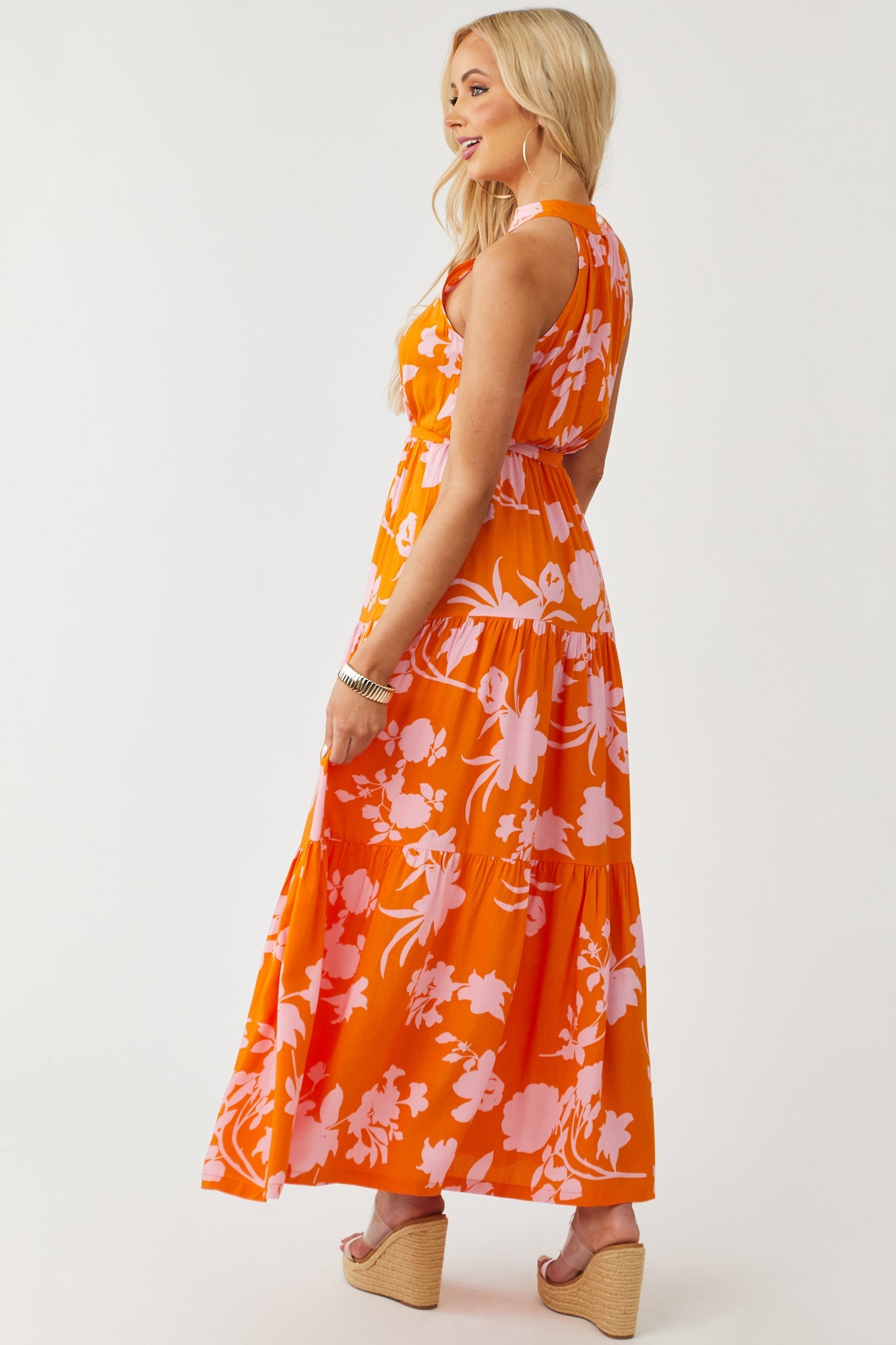 Sunset and Cherry Blossom Floral Print Halter Maxi Dress
