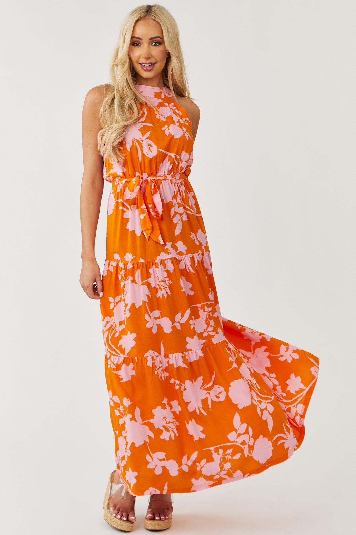 Sunset and Cherry Blossom Floral Print Halter Maxi Dress
