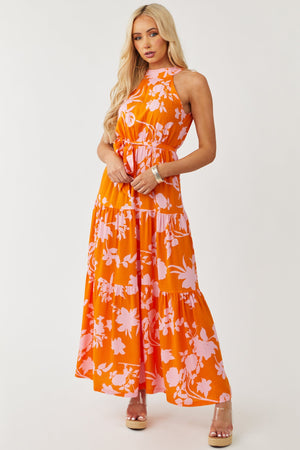 Sunset and Cherry Blossom Floral Print Halter Maxi Dress