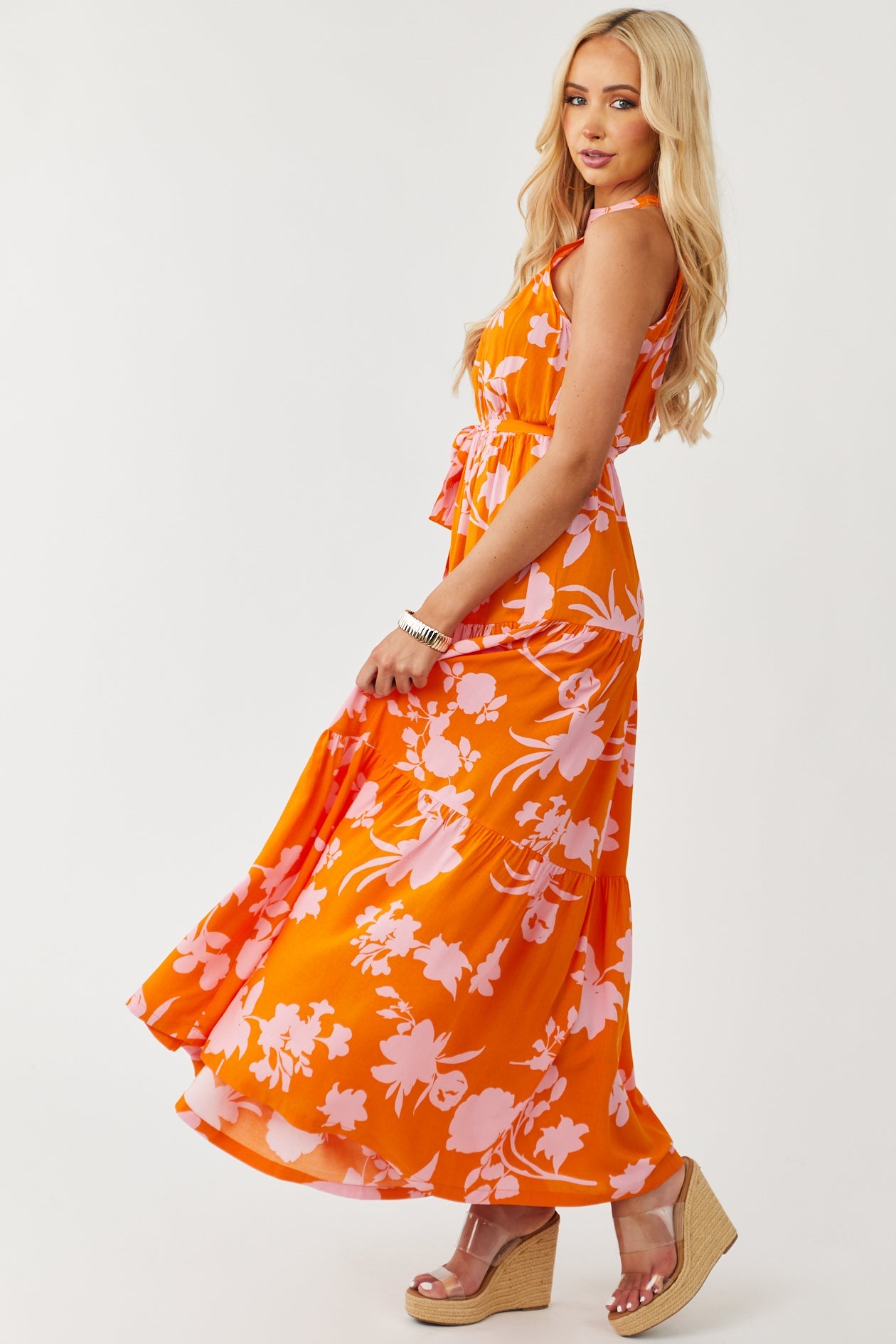 Sunset and Cherry Blossom Floral Print Halter Maxi Dress