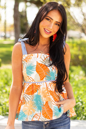 Sunset Multiprint Peplum Tank Top with Tie Straps