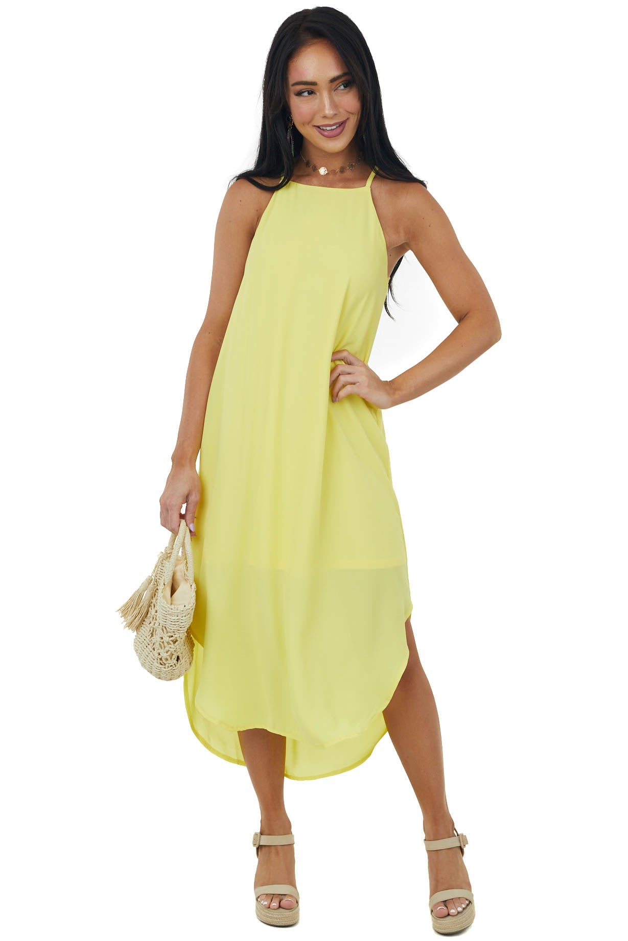 Sunshine Halter Neck Curved Hem Midi Dress