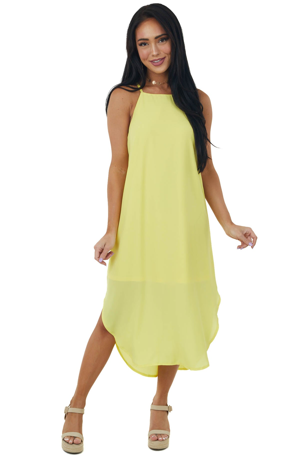 Sunshine Halter Neck Curved Hem Midi Dress