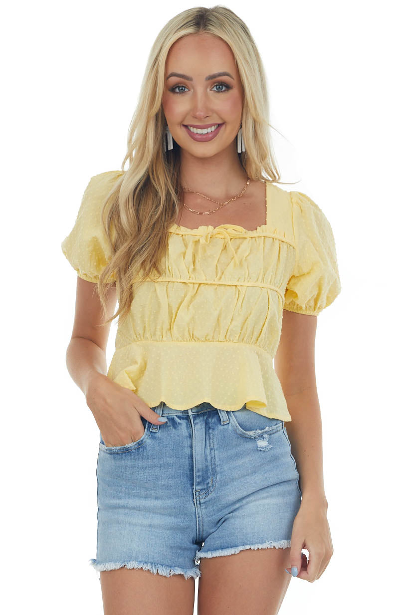 Sunshine Swiss Dot Puff Sleeve Peplum Crop Top