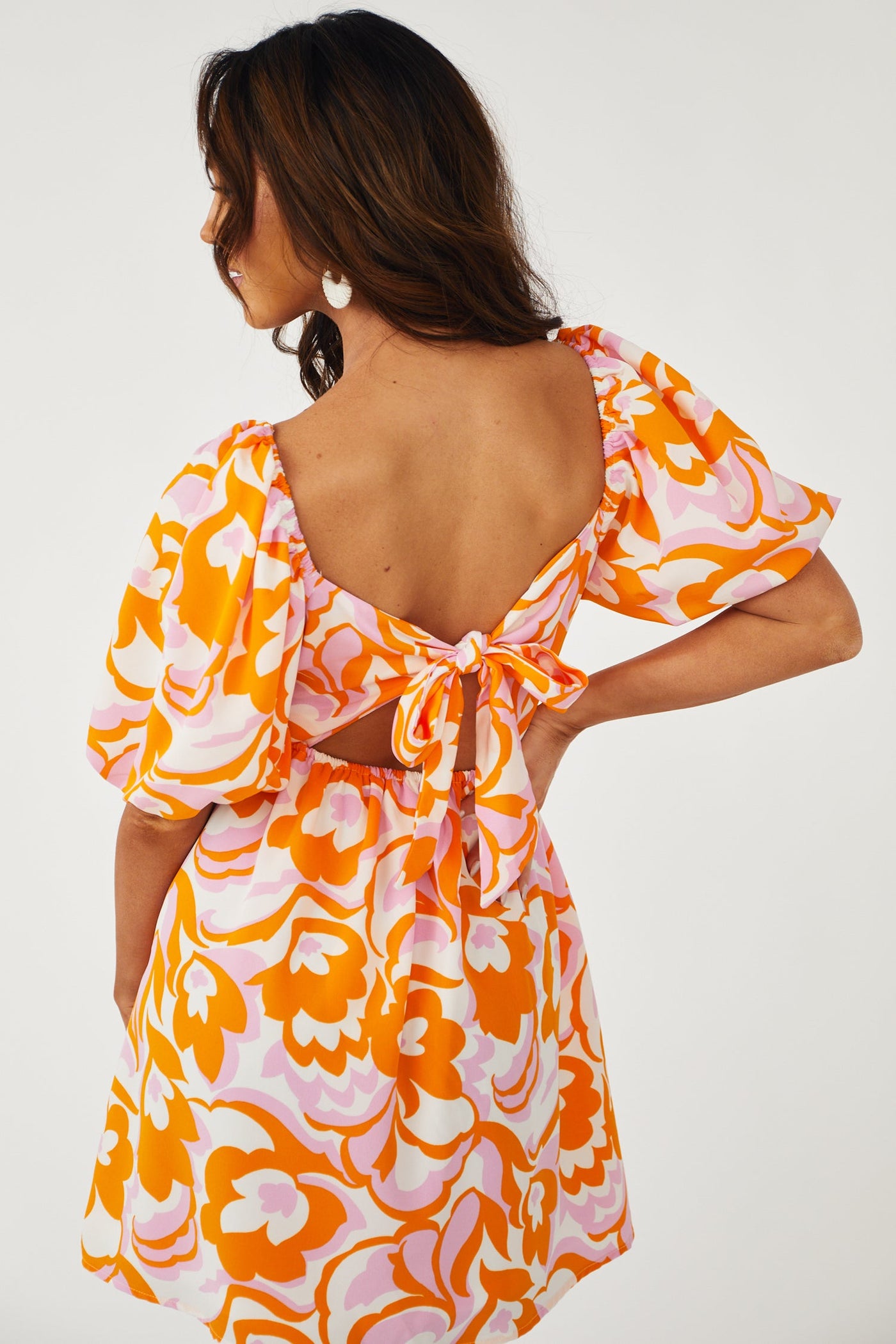 Tangerine Floral Print Bubble Sleeve Mini Dress