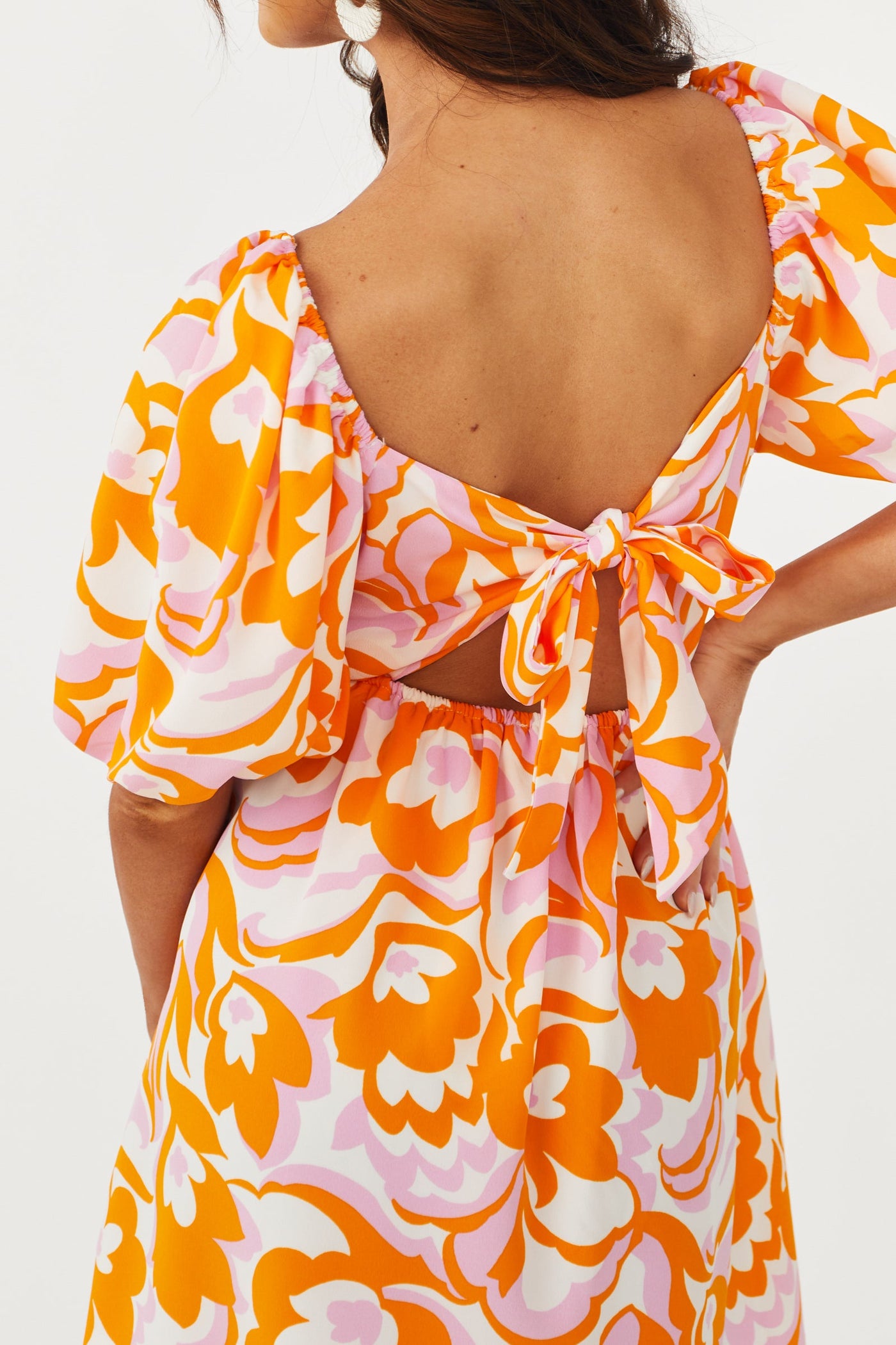 Tangerine Floral Print Bubble Sleeve Mini Dress