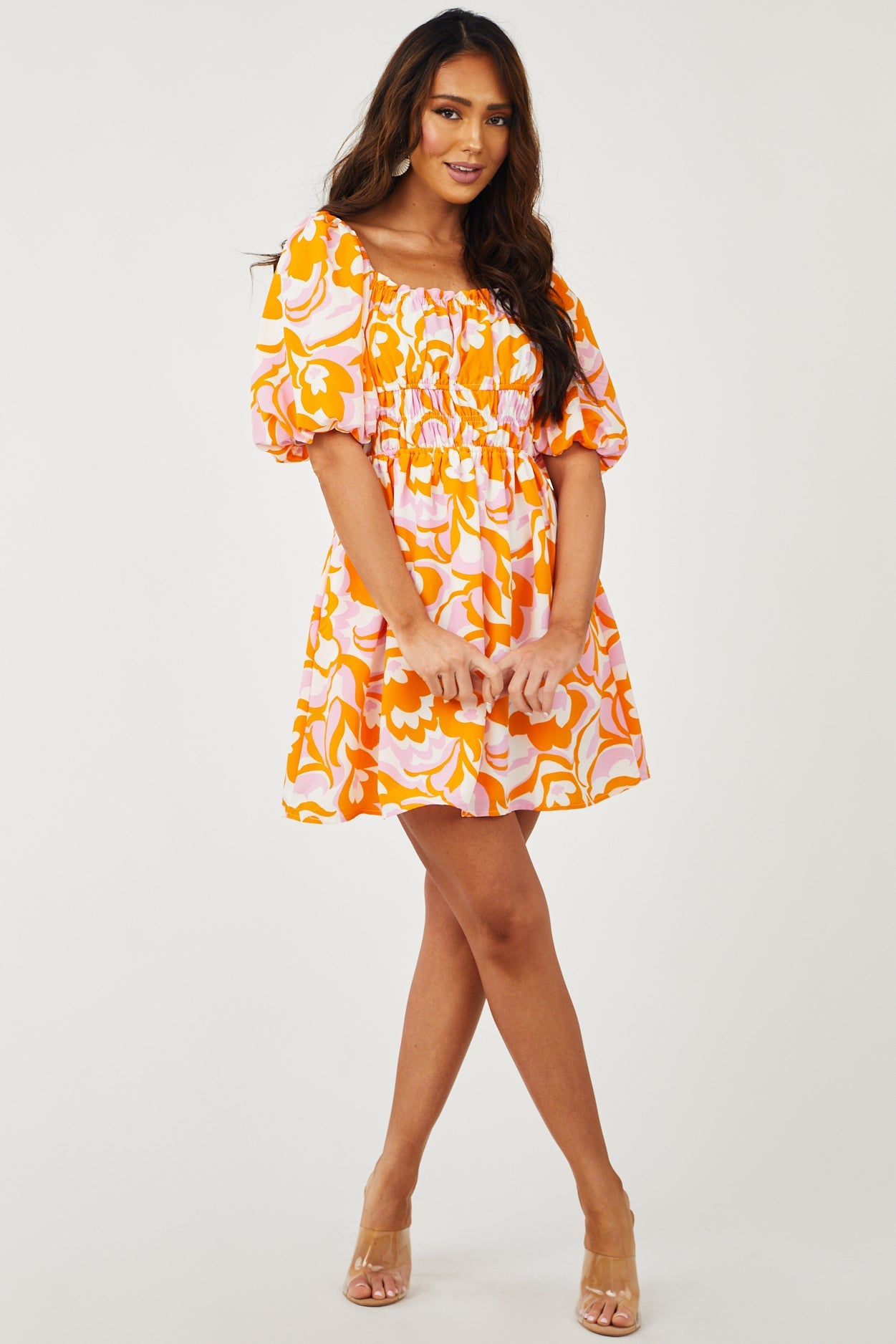 Tangerine Floral Print Bubble Sleeve Mini Dress