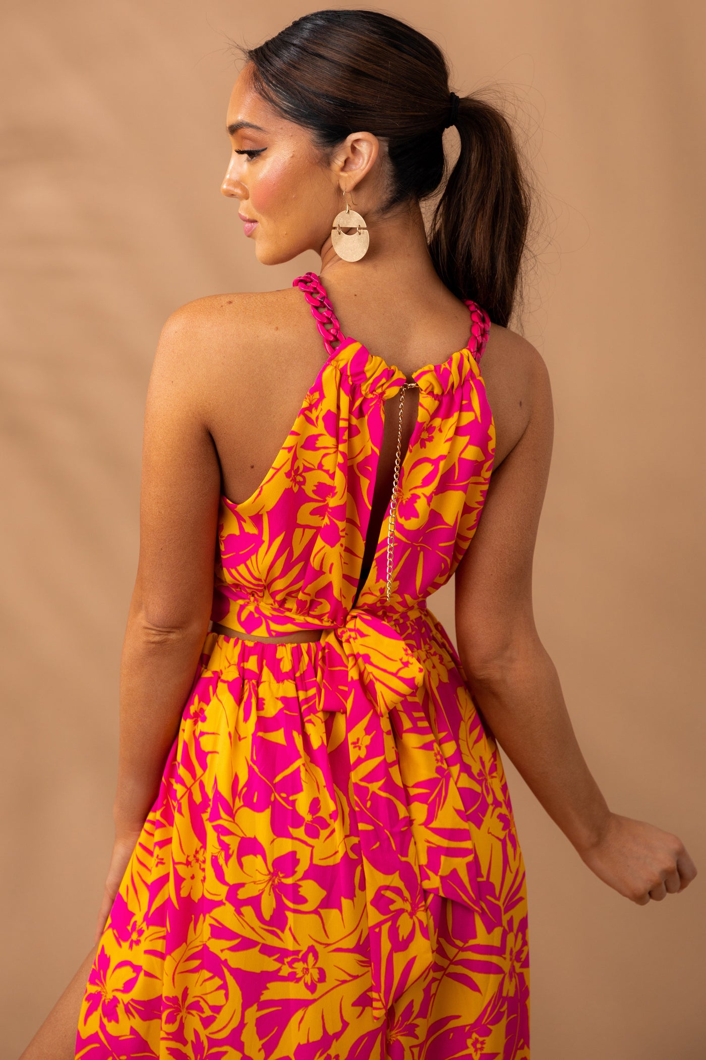 Tangerine Floral Print Chain Strap Crop Top