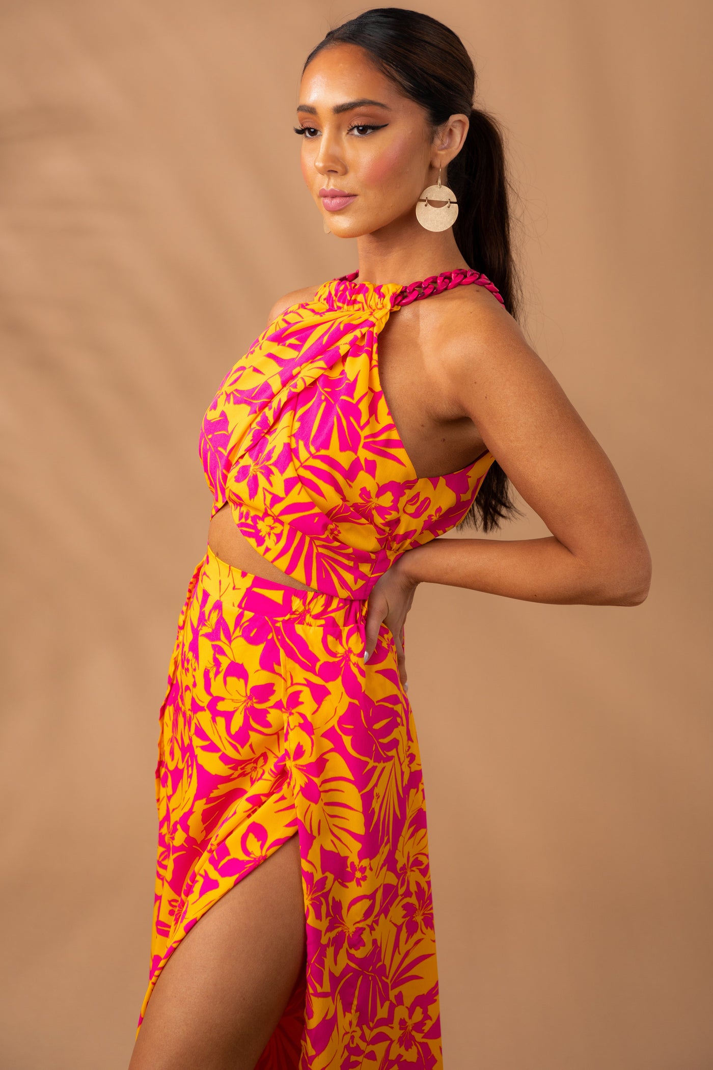 Tangerine Floral Print Chain Strap Crop Top