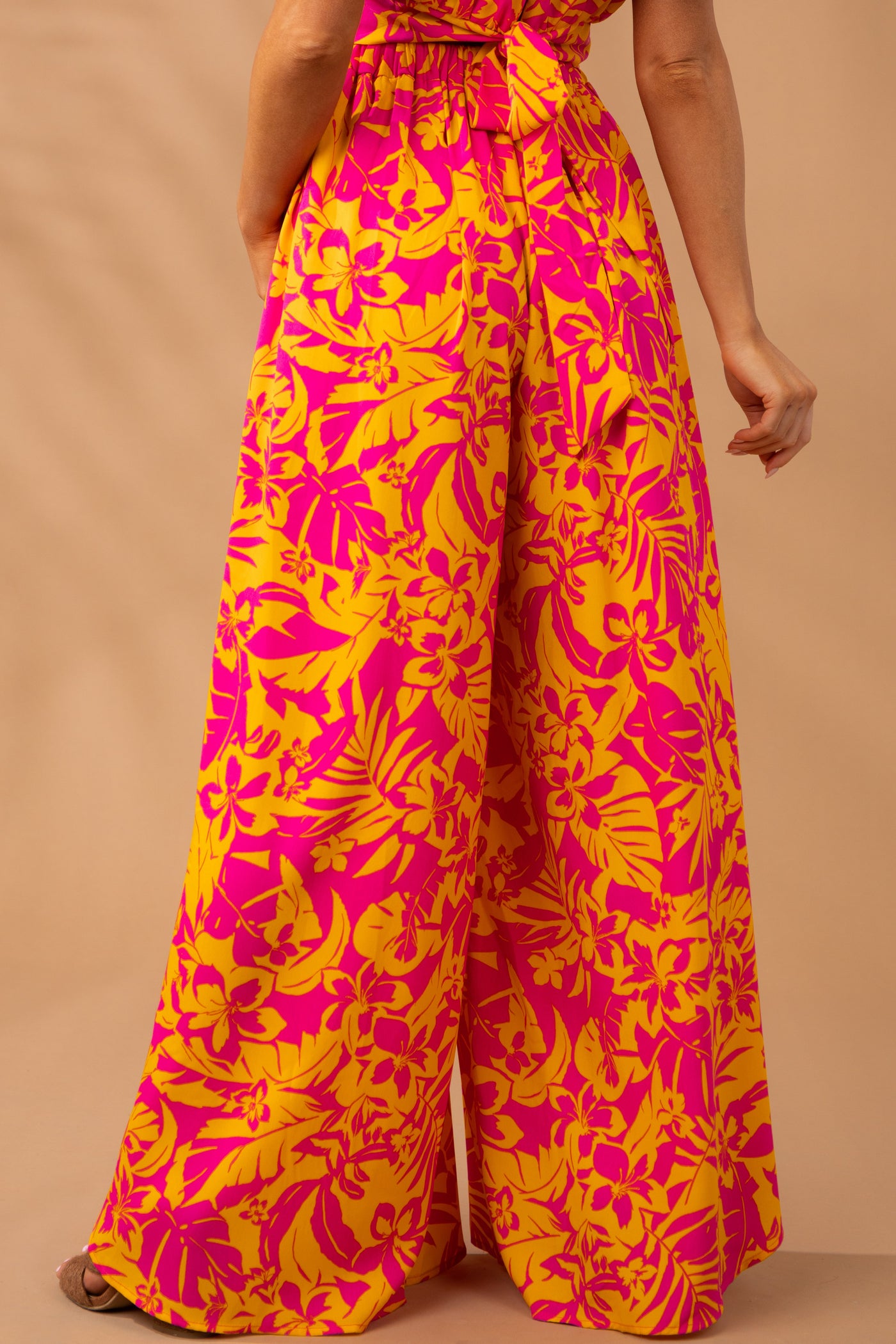 Tangerine Floral Print Slit Wrap Leg Pants
