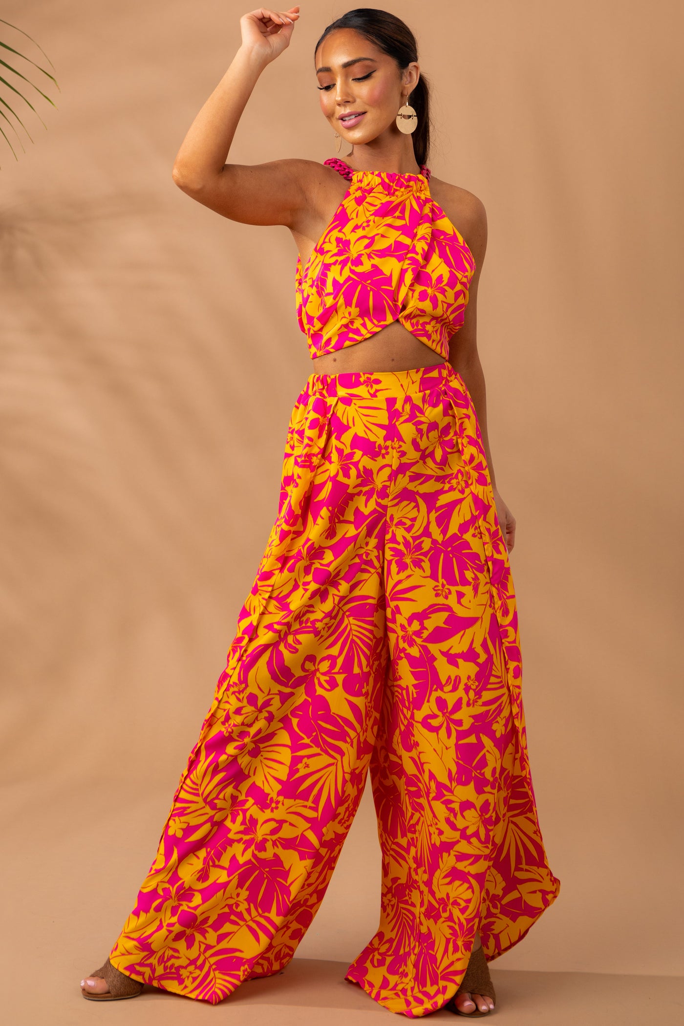 Tangerine Floral Print Slit Wrap Leg Pants