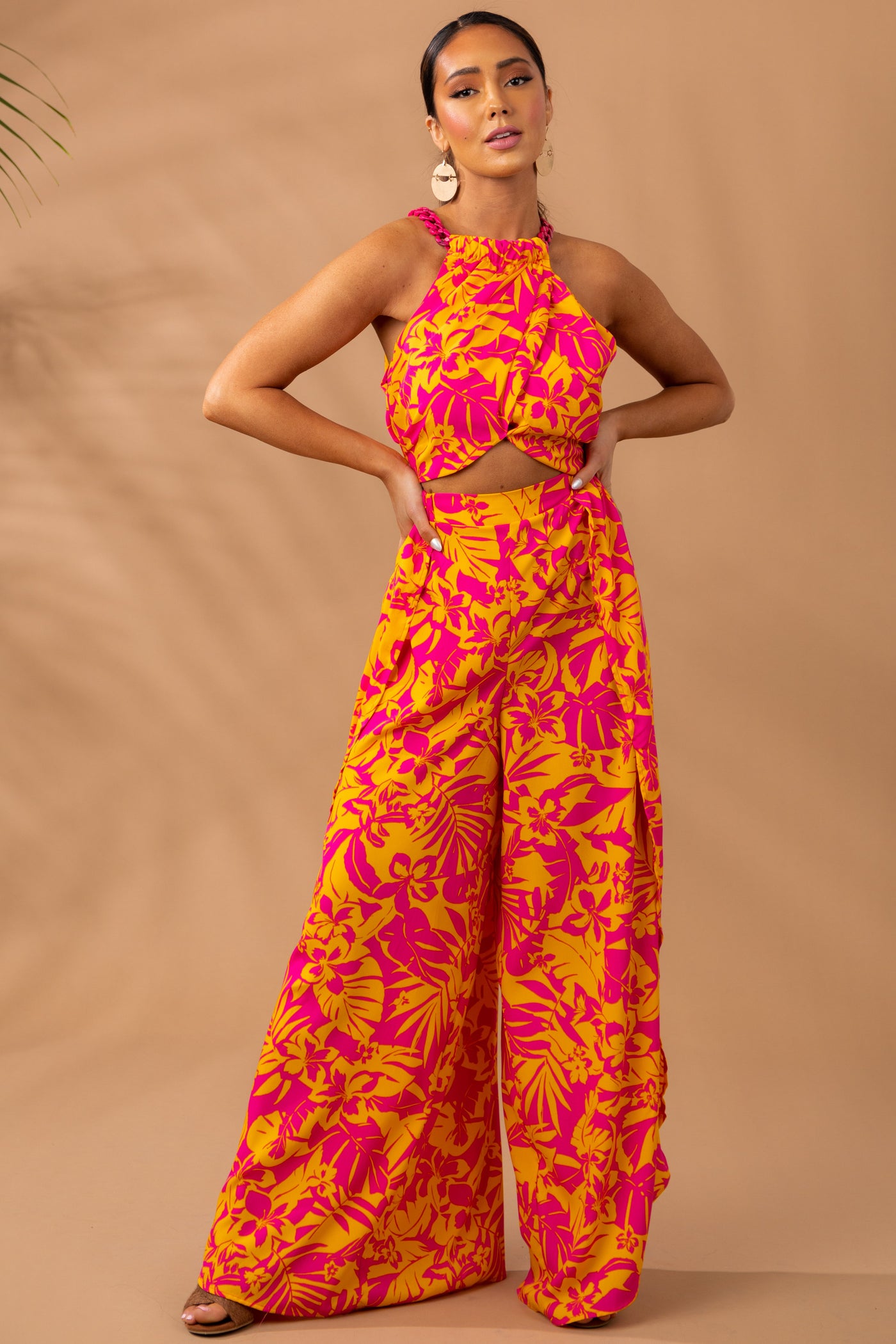 Tangerine Floral Print Slit Wrap Leg Pants