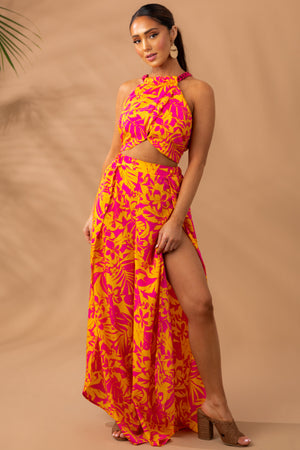 Tangerine Floral Print Slit Wrap Leg Pants