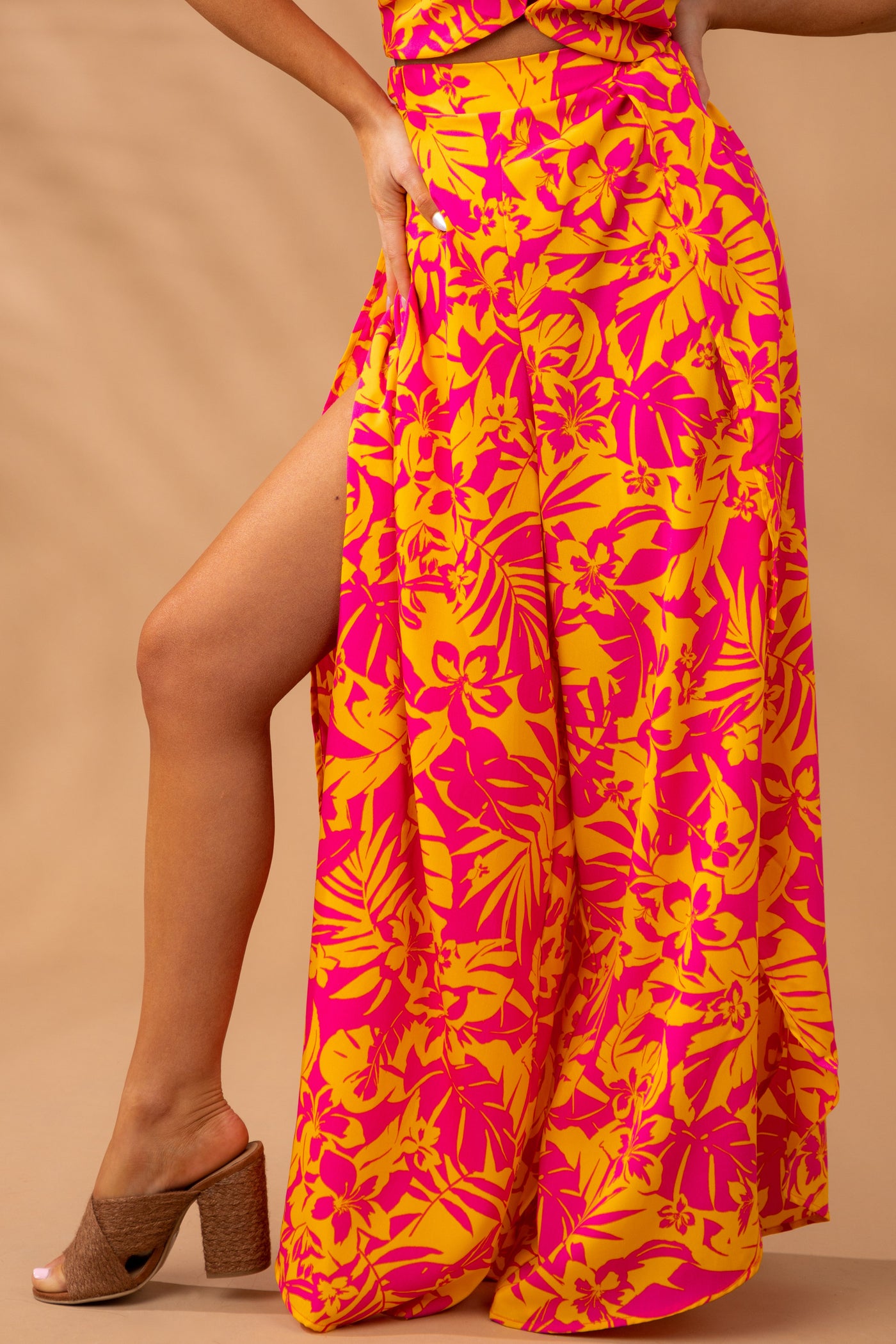 Tangerine Floral Print Slit Wrap Leg Pants