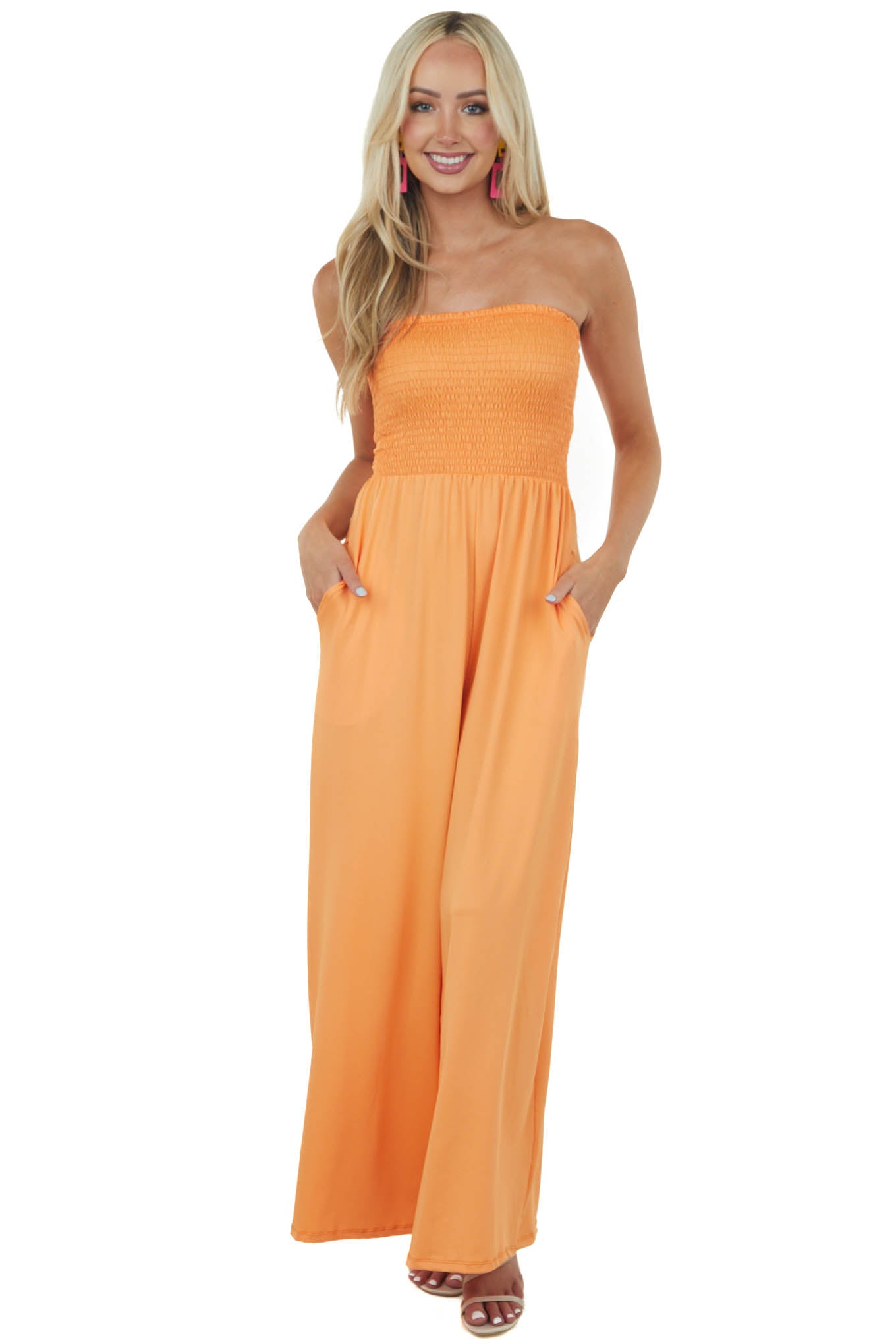 Tangerine Smocked Strapless Wide Leg Knit Jumpsuit