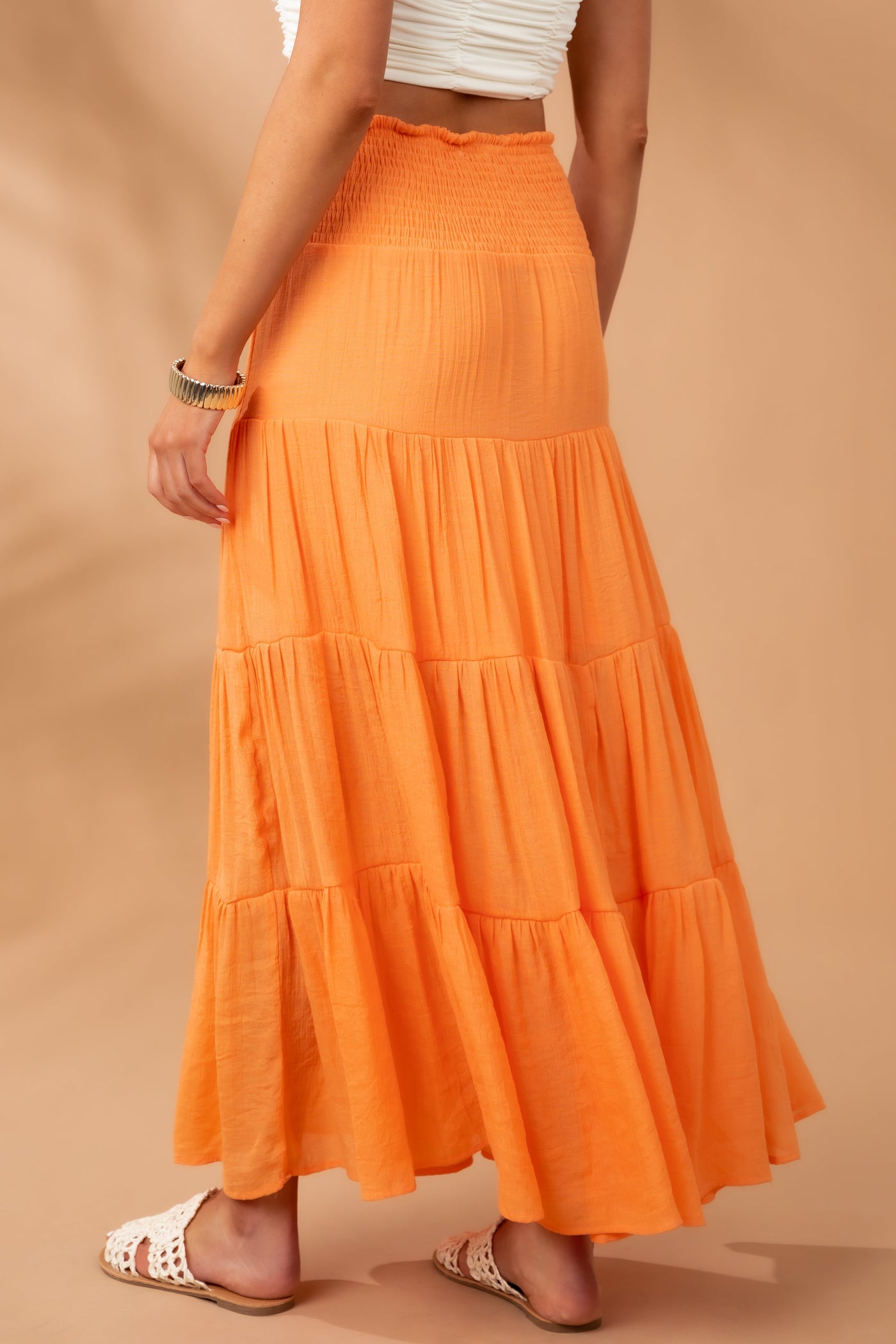 Tangerine Smocked Tiered Maxi Skirt