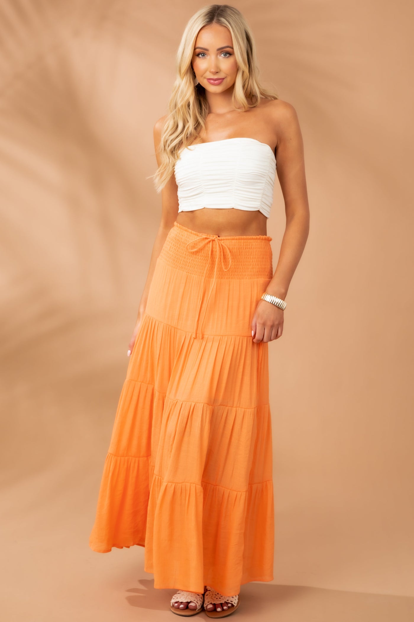 Tangerine Smocked Tiered Maxi Skirt