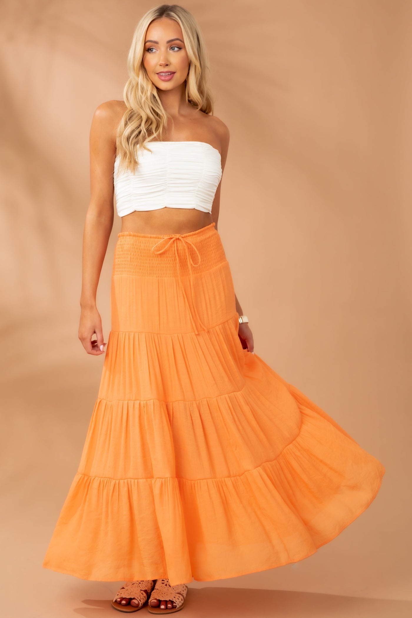 Tangerine Smocked Tiered Maxi Skirt