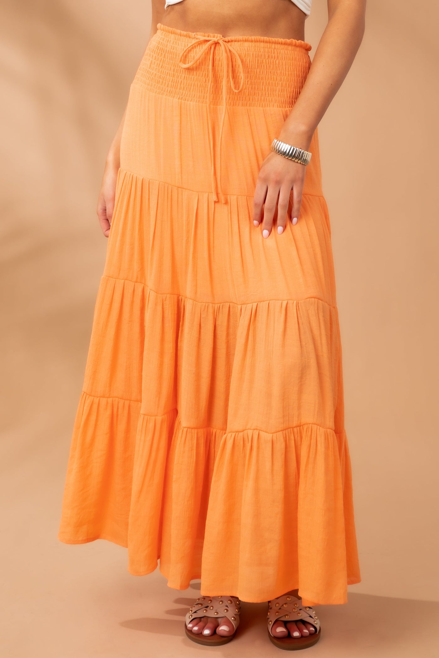 Tangerine Smocked Tiered Maxi Skirt