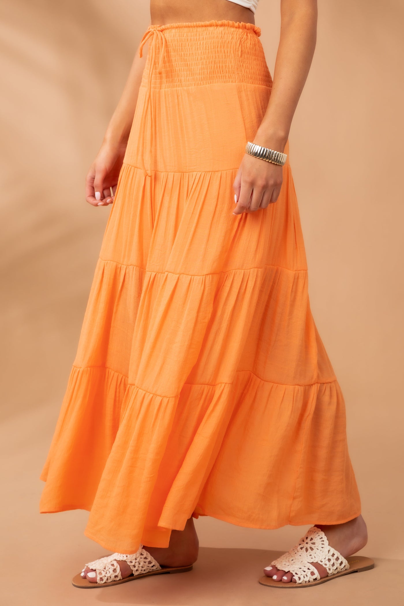 Tangerine Smocked Tiered Maxi Skirt