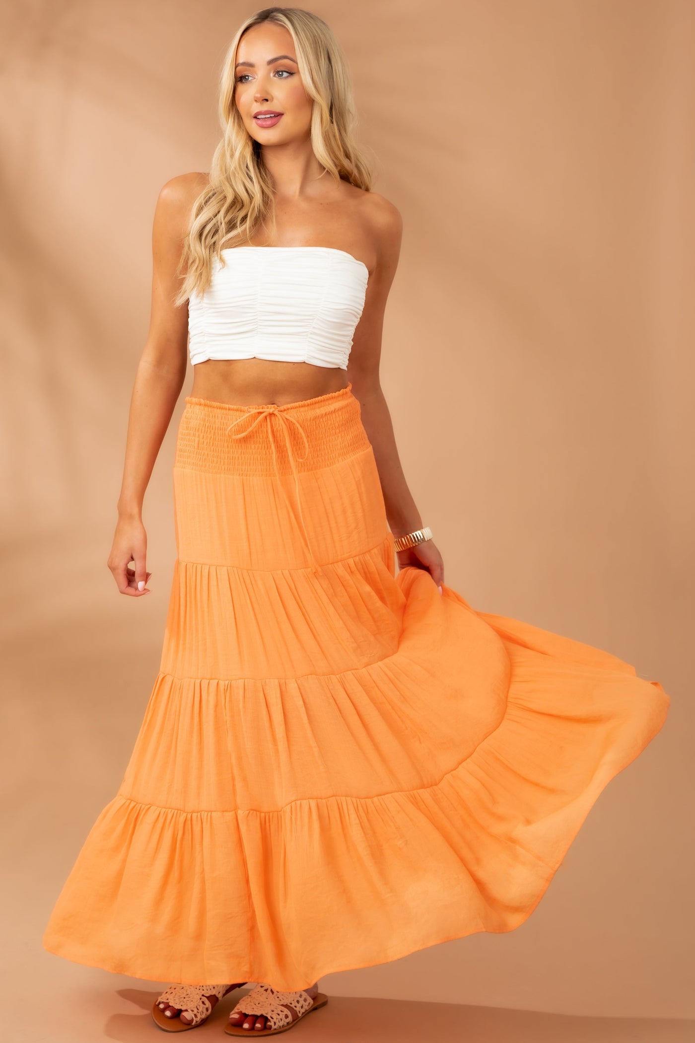 Tangerine Smocked Tiered Maxi Skirt