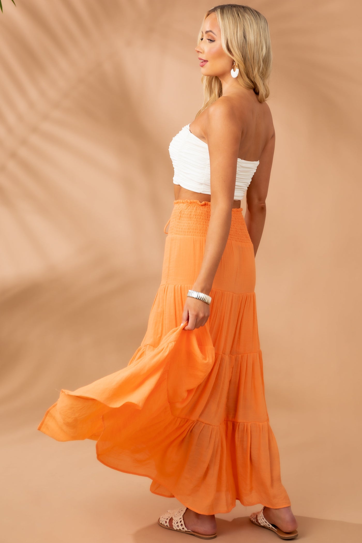 Tangerine Smocked Tiered Maxi Skirt