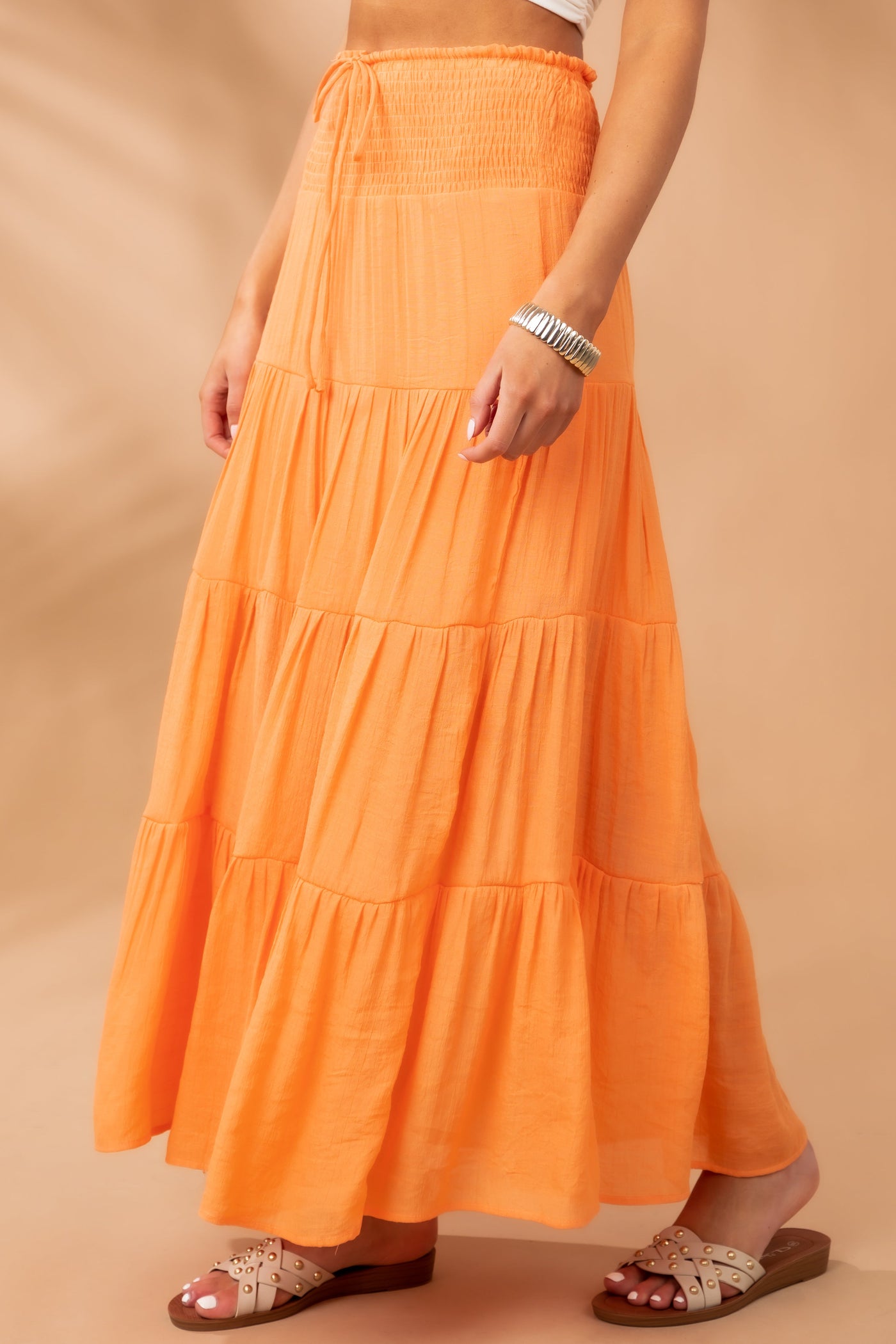 Tangerine Smocked Tiered Maxi Skirt