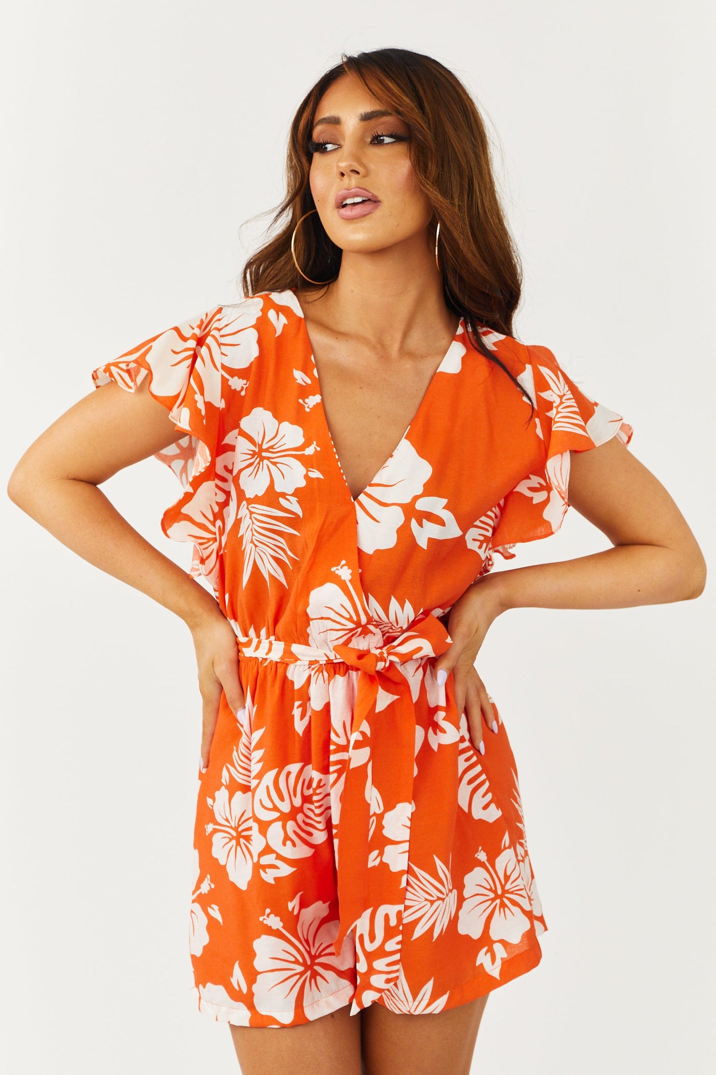 Tangerine Tropical Print Romper with Waist Tie