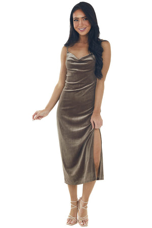 Taupe Cowl Neck Sleeveless Velvet Midi Dress