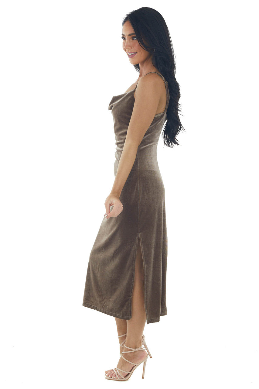 Taupe Cowl Neck Sleeveless Velvet Midi Dress