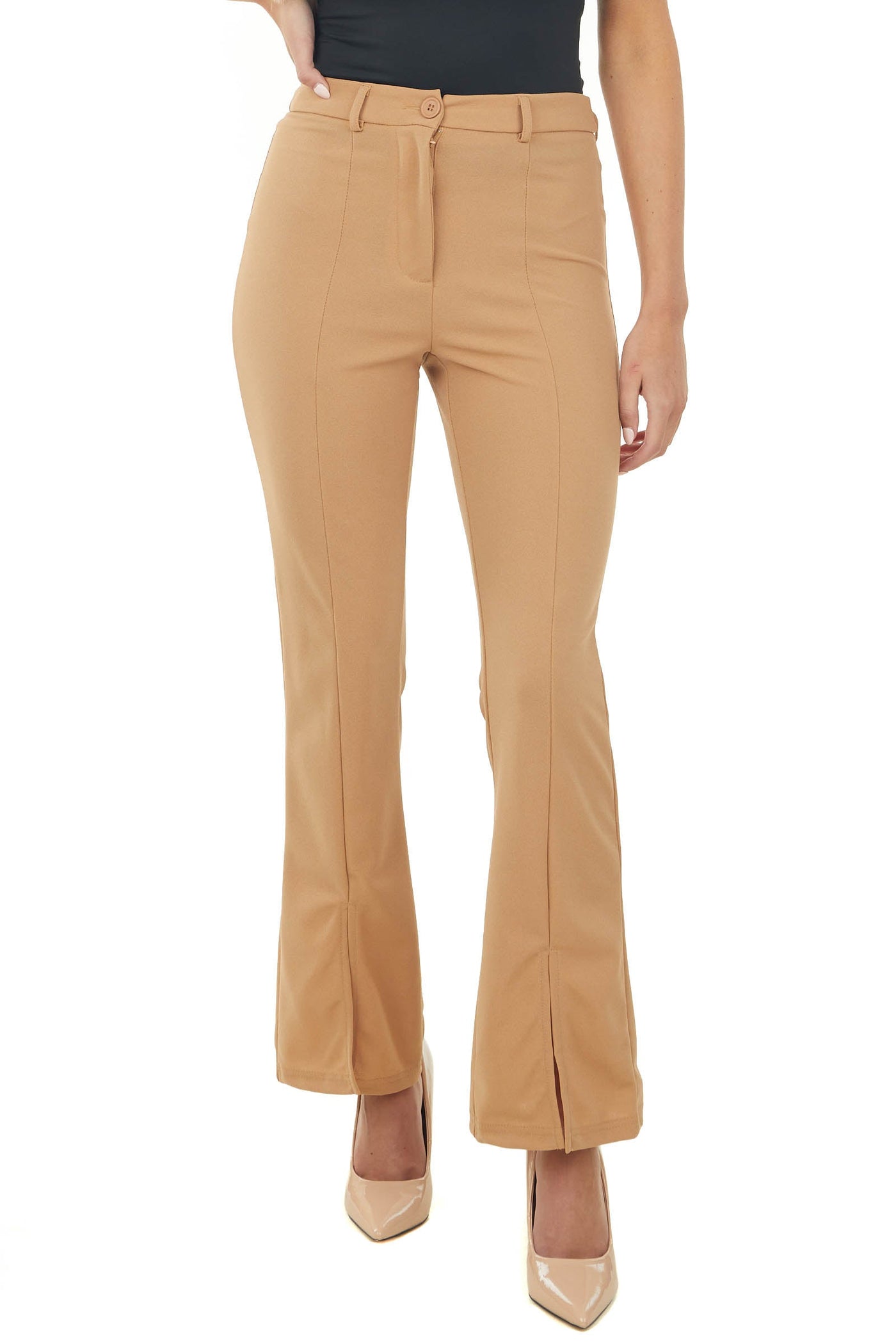 Taupe High Waisted Flare Front Split Pants