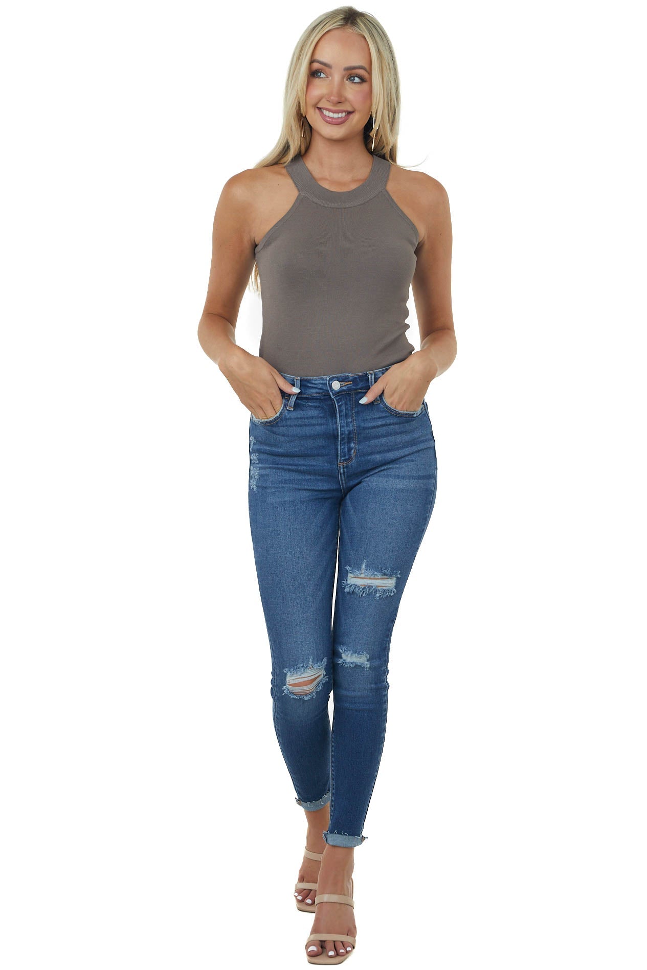 Taupe Knit Tank Top with Halter Neckline