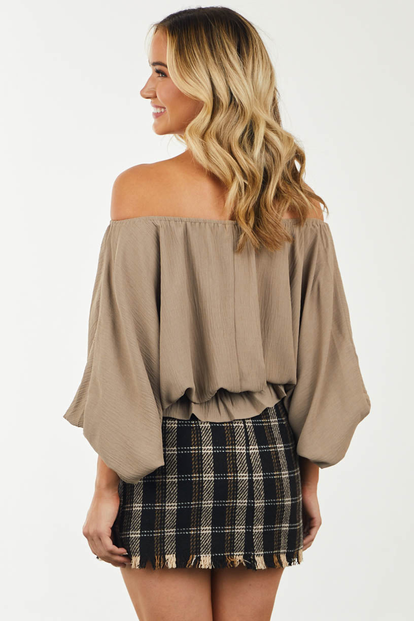 Taupe Puff Sleeve Elastic Button Front Blouse