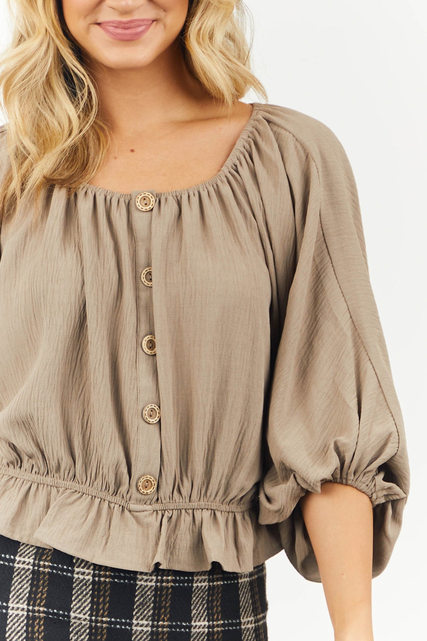 Taupe Puff Sleeve Elastic Button Front Blouse
