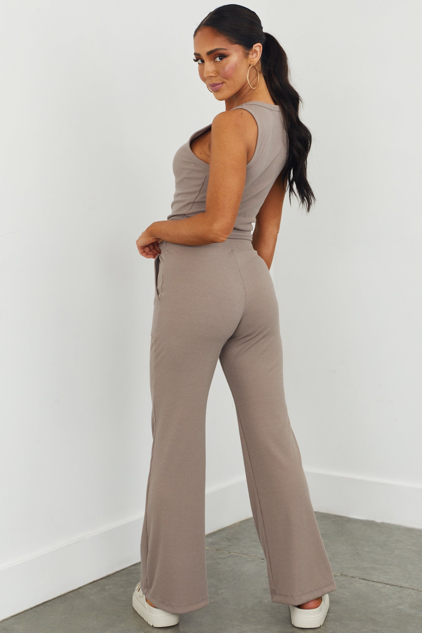 Taupe Ribbed Knit Wide Leg Comfy Pants