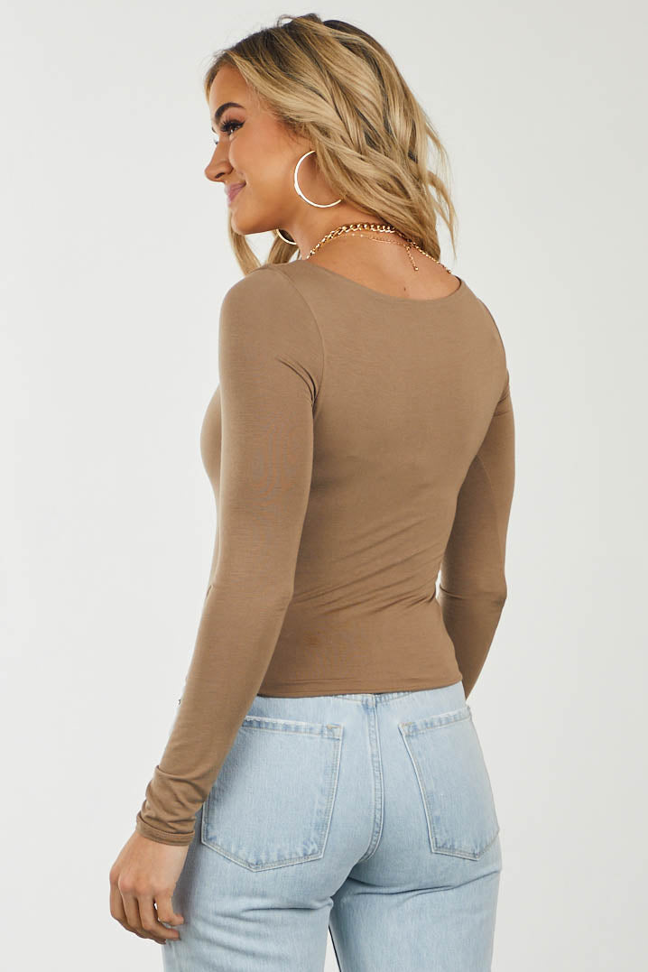 Taupe Scoop Neck Long Sleeve Fitted Knit Top