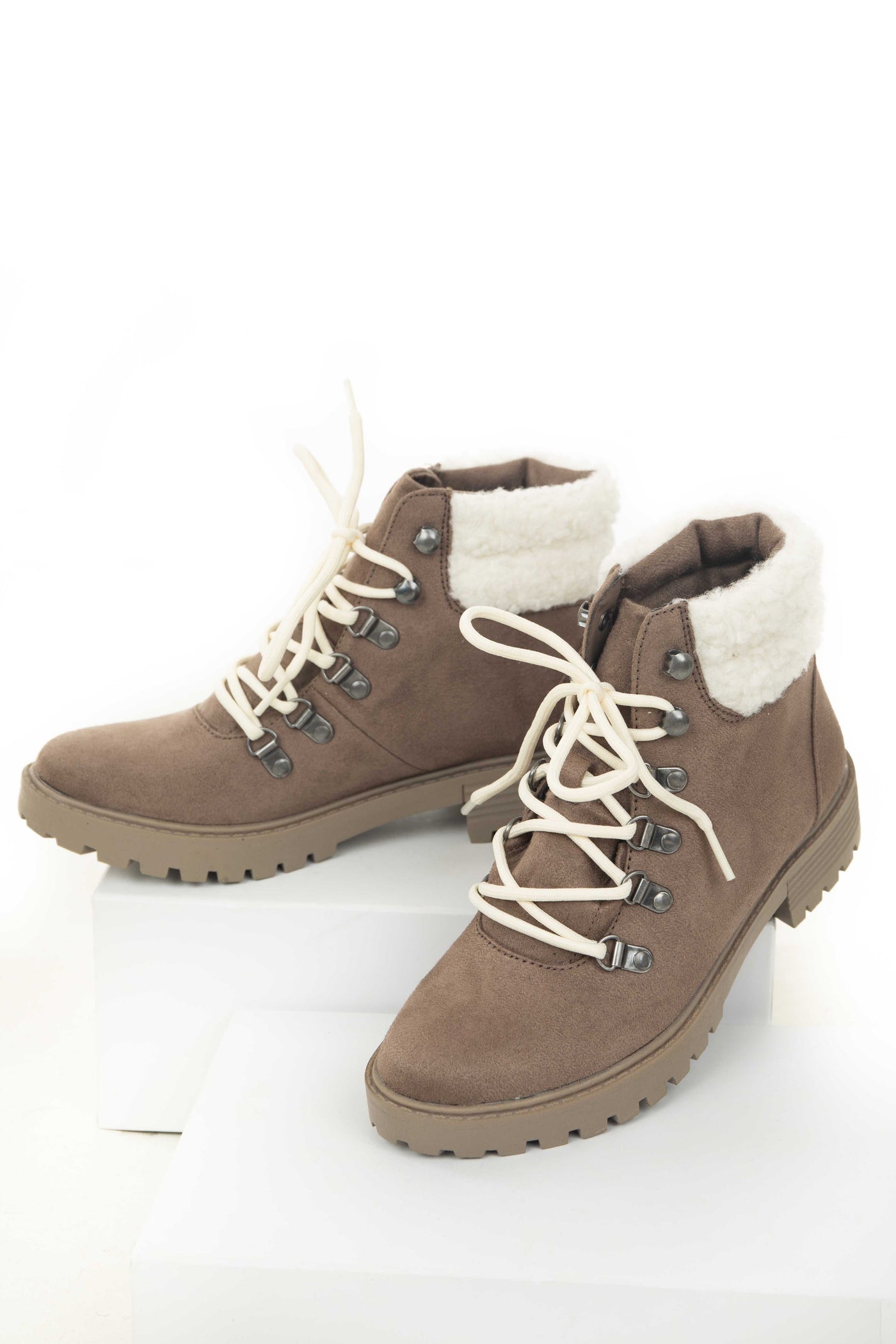 Taupe Faux Suede Lug Booties with Sherpa Detail