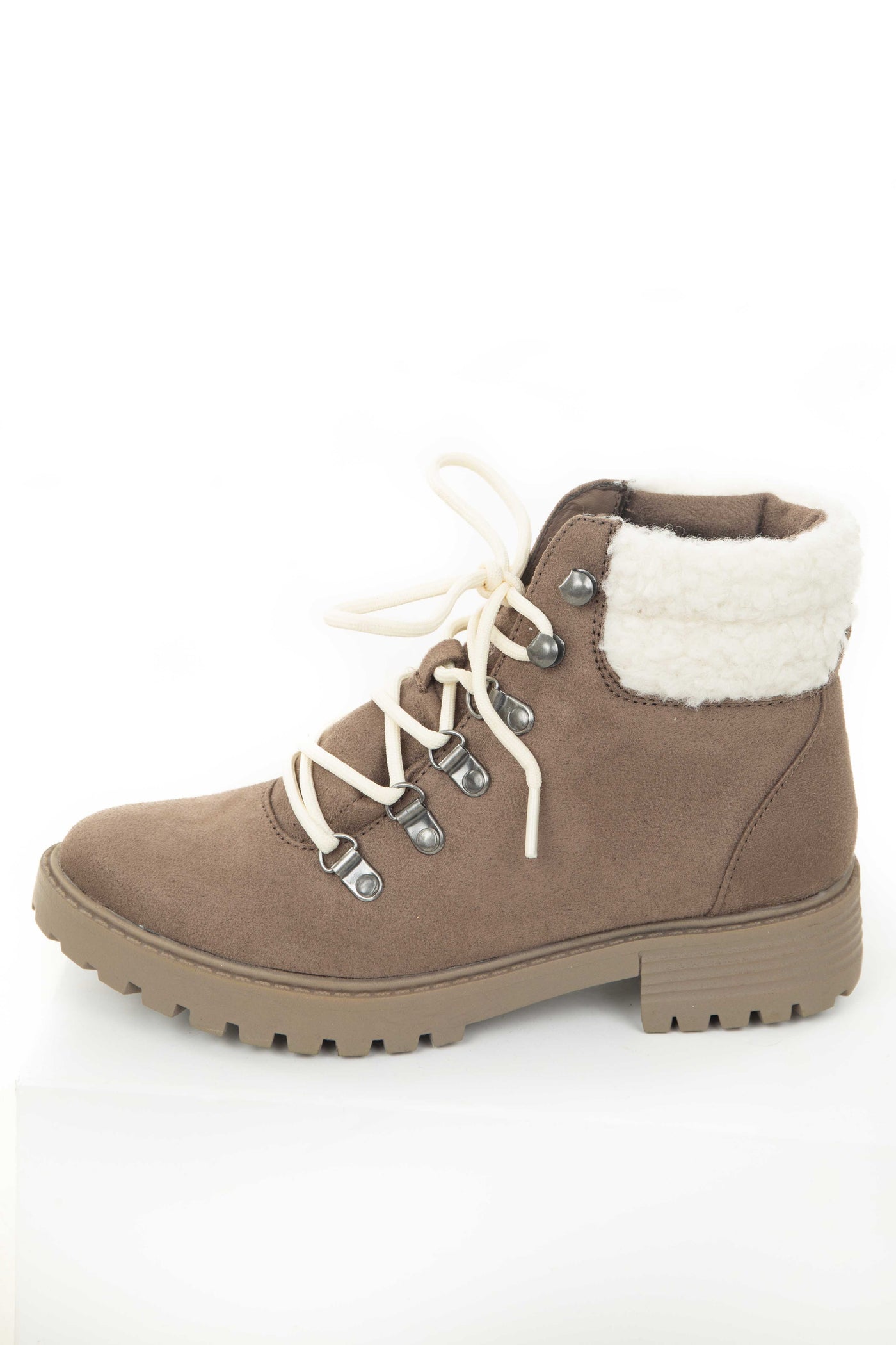 Taupe Faux Suede Lug Booties with Sherpa Detail