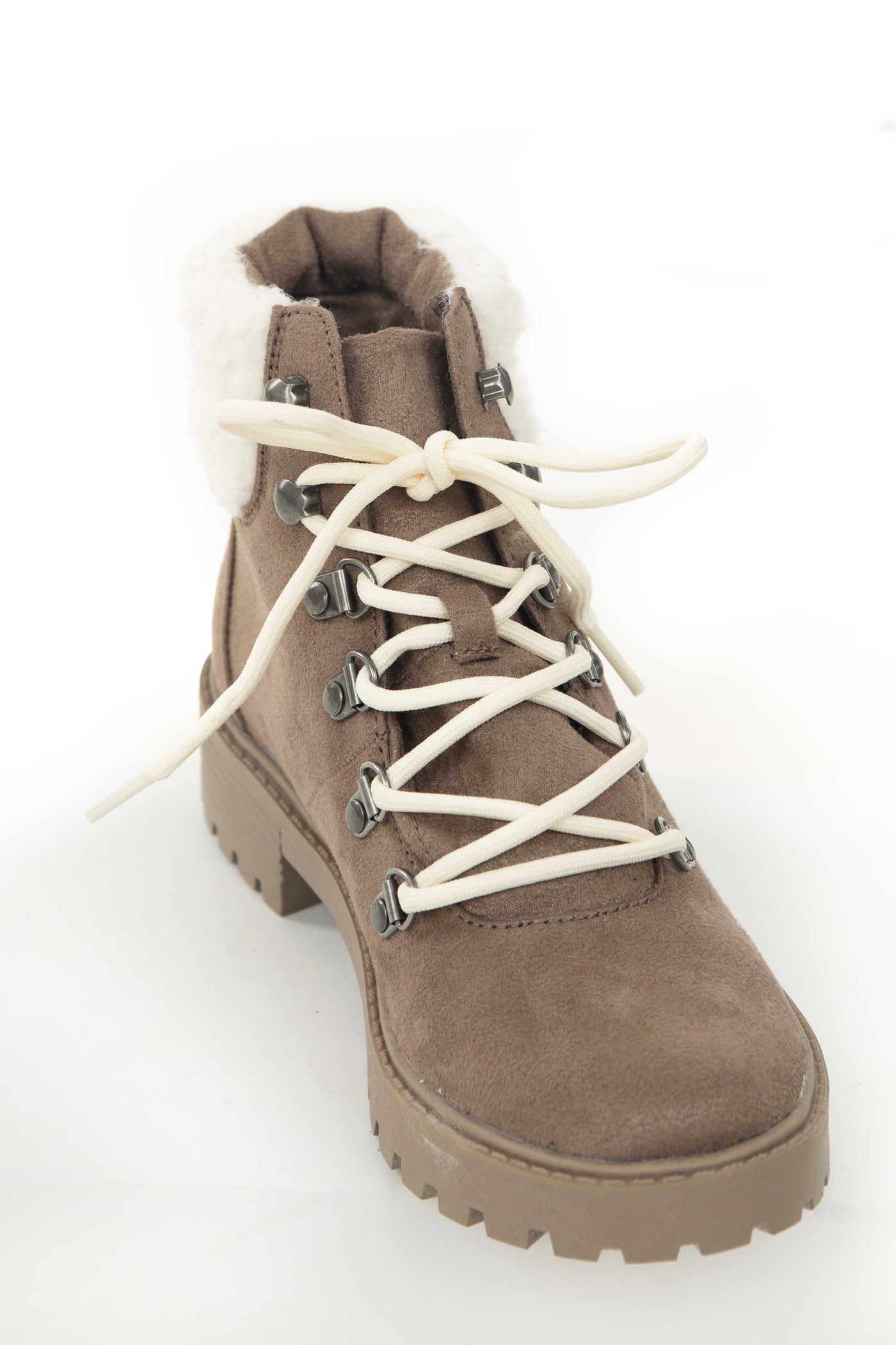 Taupe Faux Suede Lug Booties with Sherpa Detail