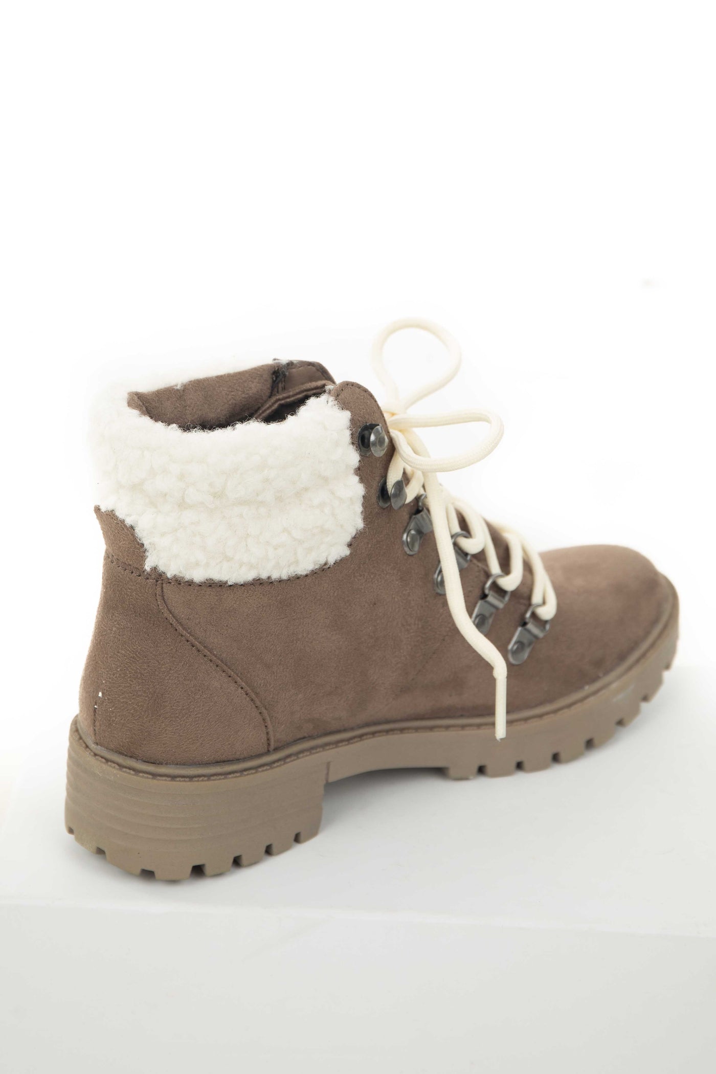 Taupe Faux Suede Lug Booties with Sherpa Detail