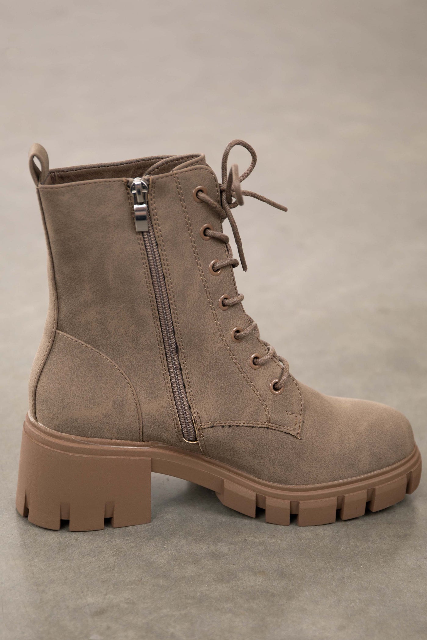 Taupe Nubuck Lace Up Lug Ankle Boots